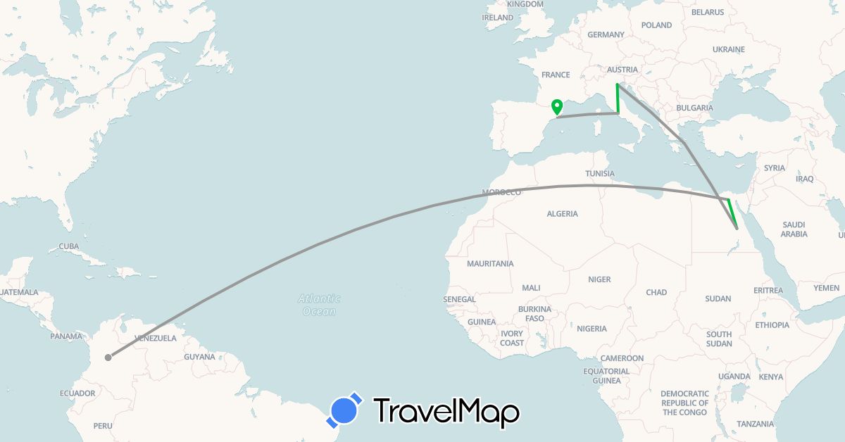 TravelMap itinerary: driving, bus, plane in Colombia, Egypt, Spain, Greece, Italy (Africa, Europe, South America)